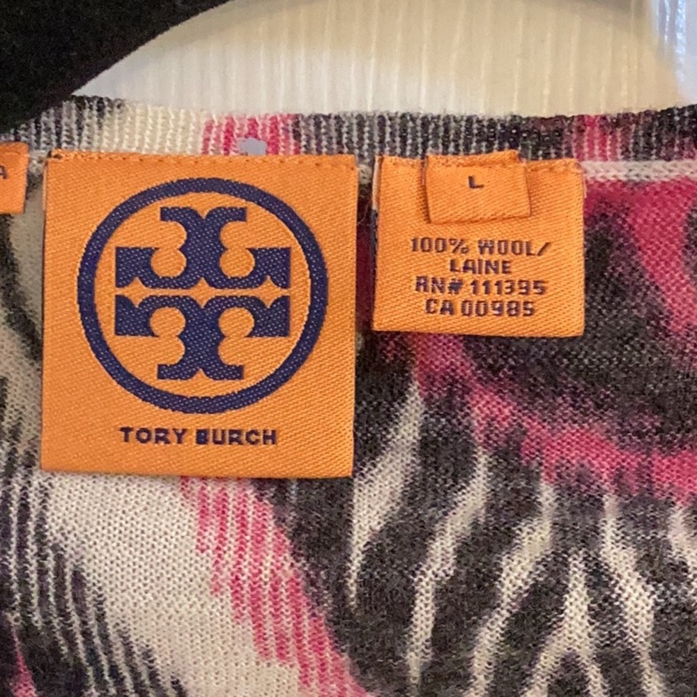 Tory Burch Low-Cut Deep V-Neck Black, White & Raspberry Cardigan - Picture 7 of 7